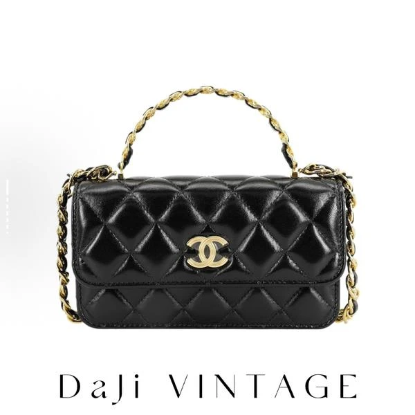 99新 Chanel/香奈儿 大吉中古/Chanel 23A黑金皮穿链手柄小woc