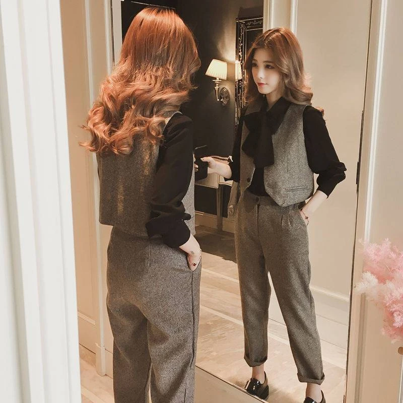 新款气质韩版小个子秋冬小香风休闲时尚套装女洋气三件套马甲套装