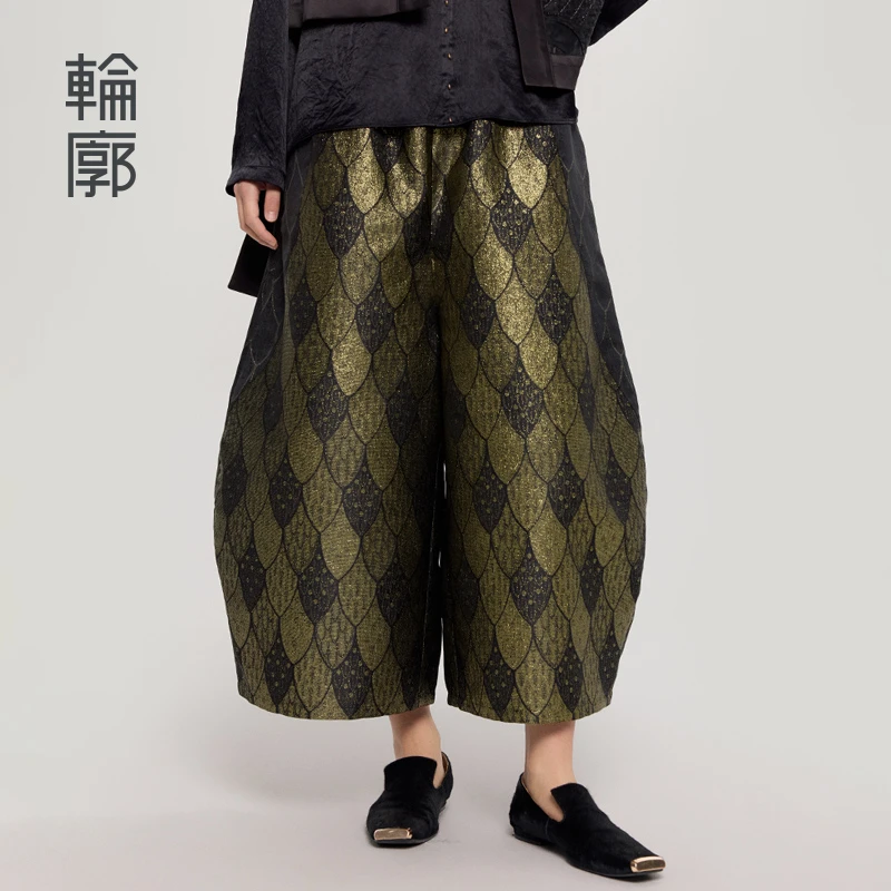 轮廓锦鲤中式复古休闲裤L251K004文艺直筒宽松高腰百搭提花裤子