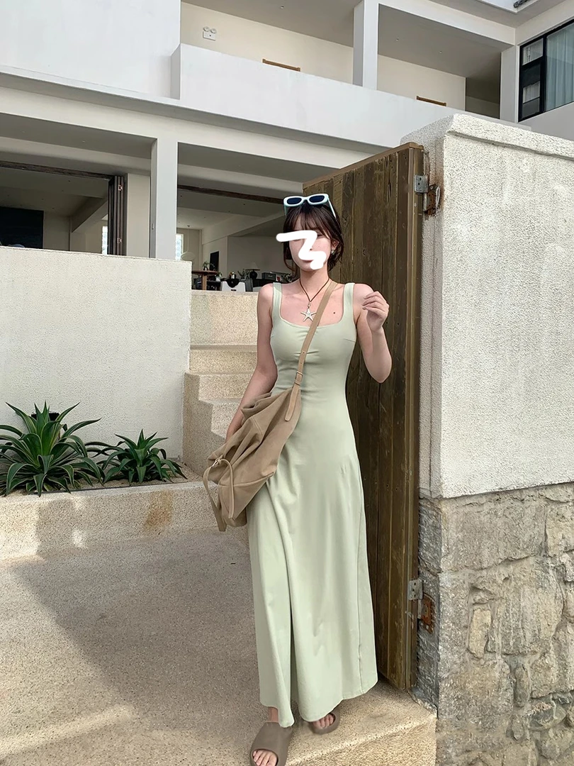 Miss sumey0558自制吊带连衣裙夏季纯色百搭收腰方领背心裙气质