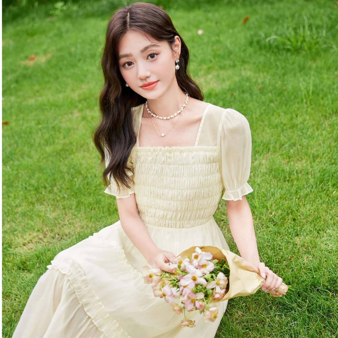 【丽公主】2456连衣裙 香影方领连衣裙女夏装新款显瘦高腰裙