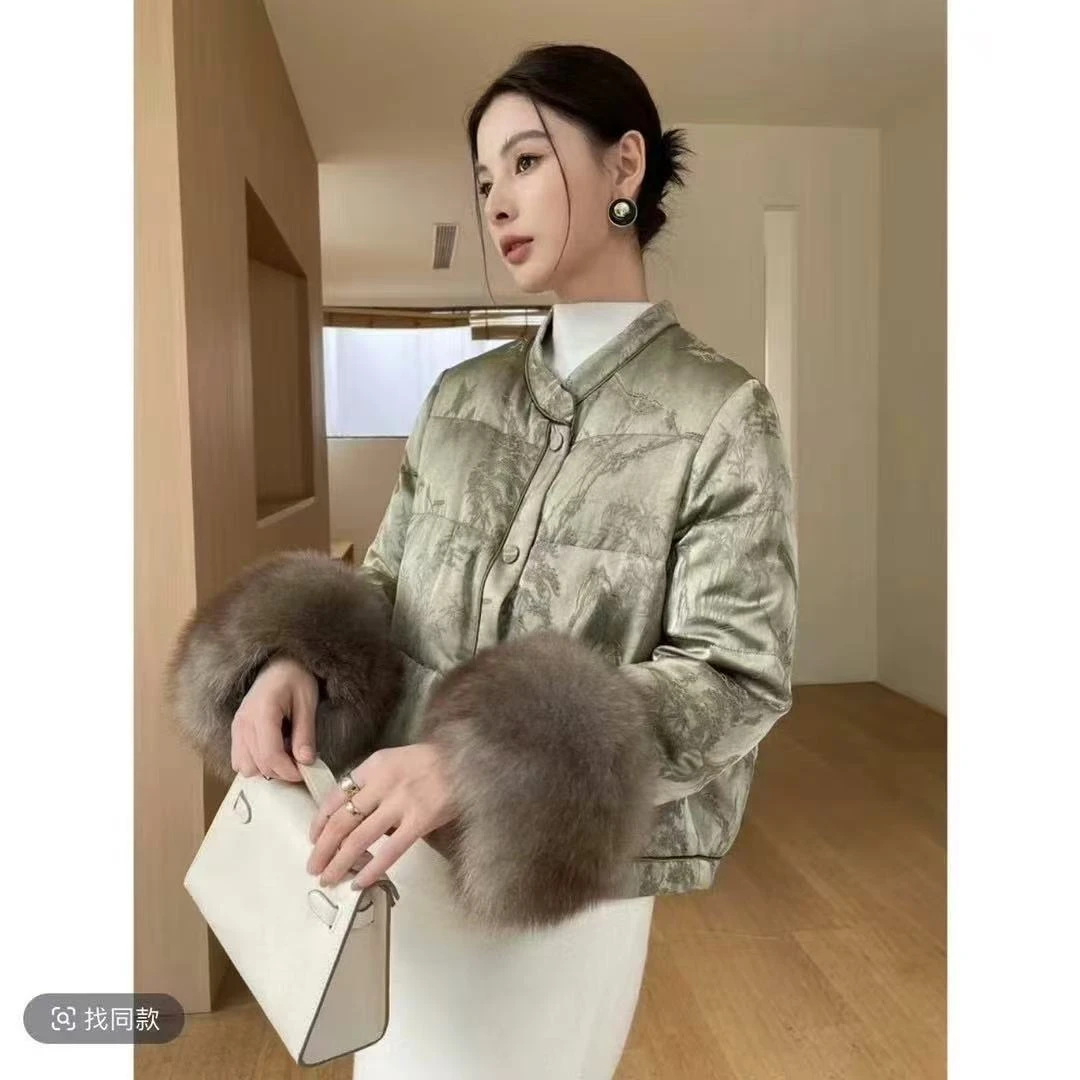 胖胖家*9051新款国风新中式百搭显瘦袖口毛毛可拆卸羽绒服外套