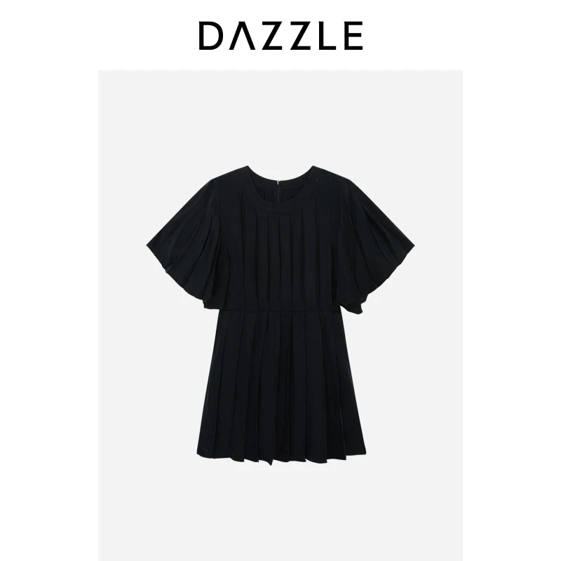 DAZZLE地素连衣裙夏季黑色百褶连衣裙2I2O410
