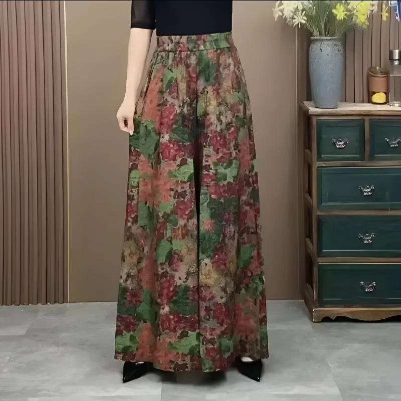 夏季新款小众碎花阔腿裤胖妈妈300斤时尚减龄气质宽松休闲裤裙裤