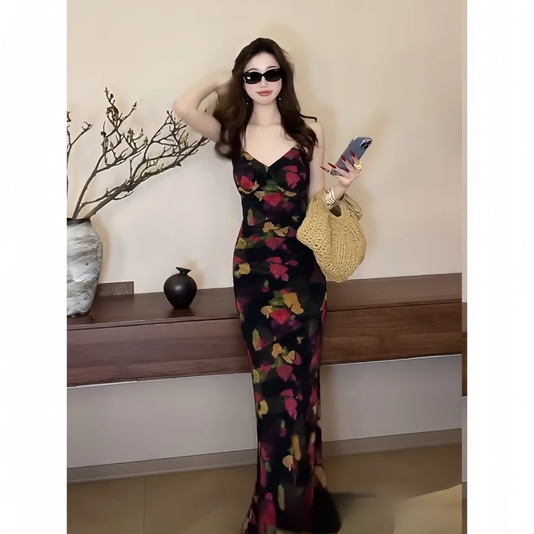 法式辣妹纯欲性感印花吊带连衣裙女夏季新款小众设计感美背长裙子