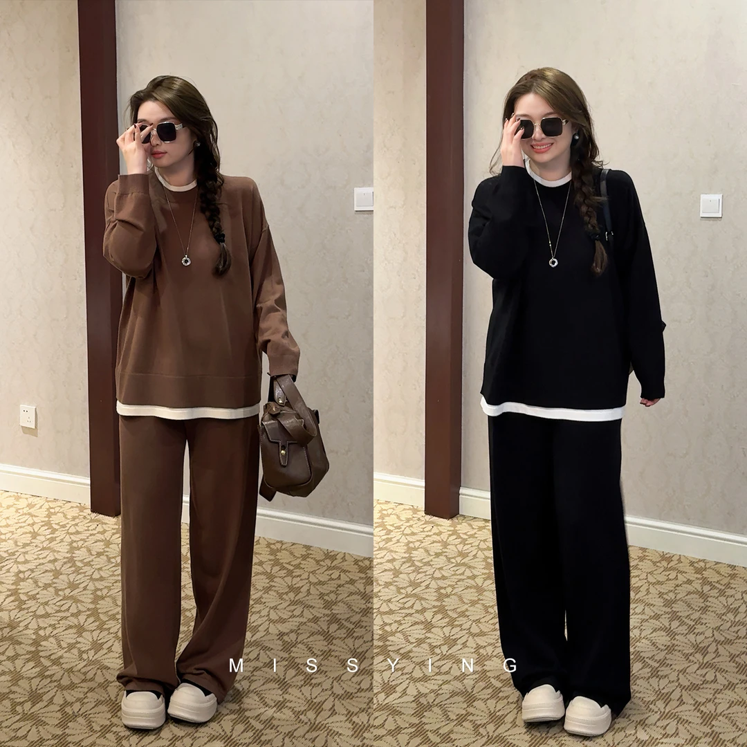 应小姐【慵懒奥地利】微胖大码秋季显瘦宽松假两件针织上衣+阔腿裤