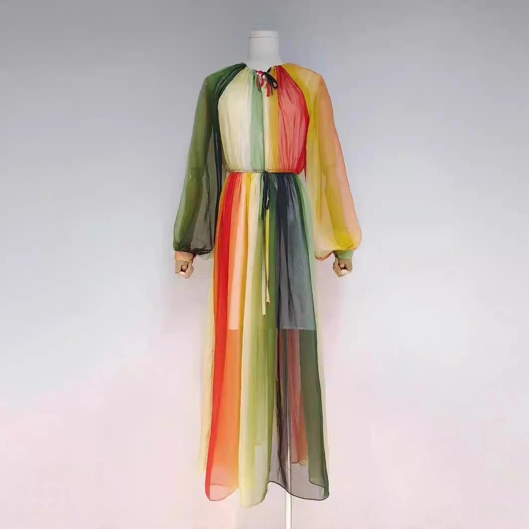 ［依易原创］灯笼袖系带收腰撞色度假风仙女裙C0403