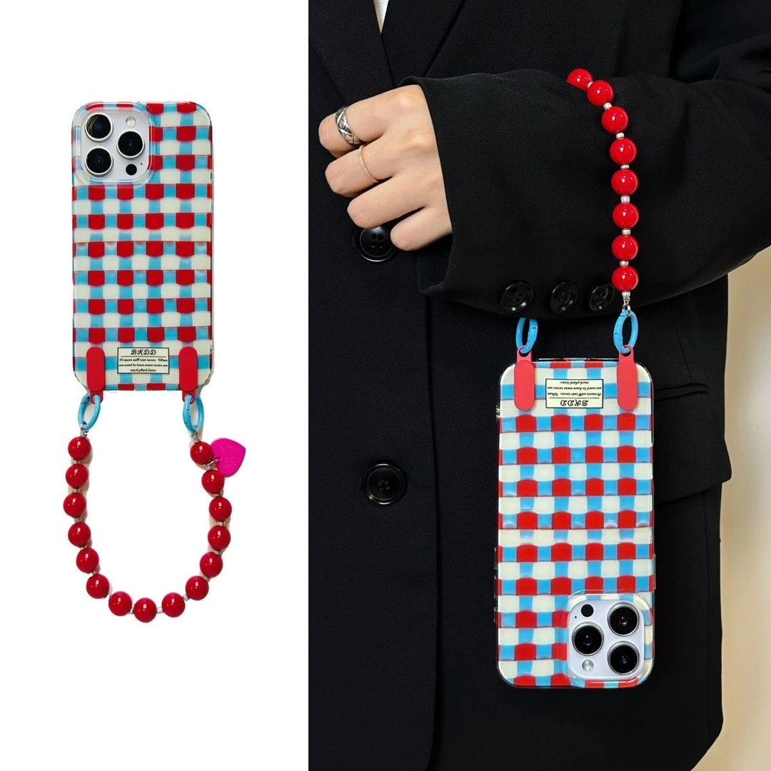 红蓝格子手珠适用iphone16pro手机壳华为OPPOvivo小米IMD大孔潮gk