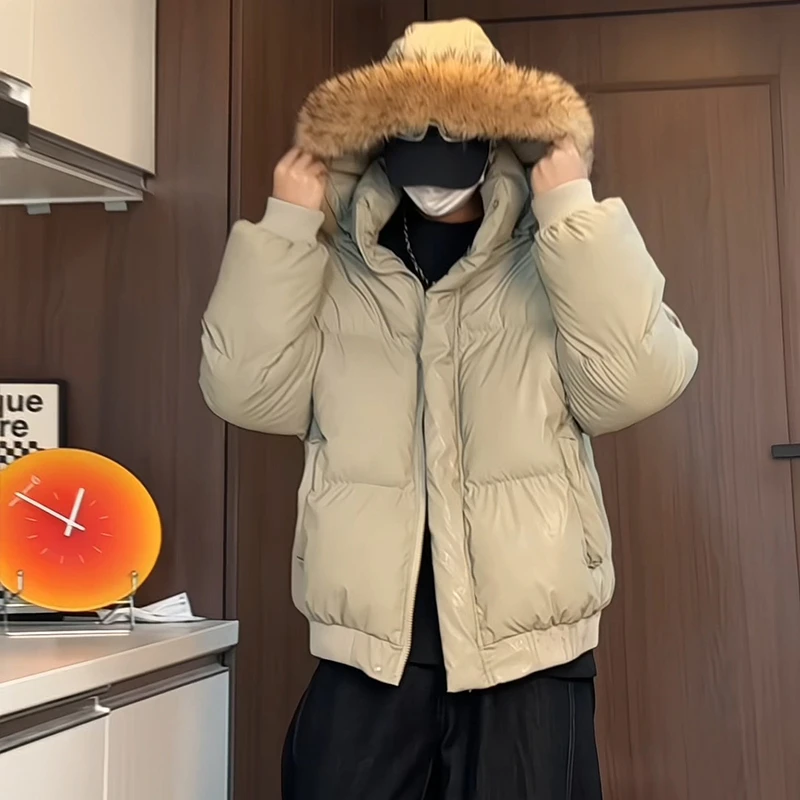 冬季新款加厚大毛领PU皮棉衣男可拆卸帽可立领可连帽情侣棉服棉袄