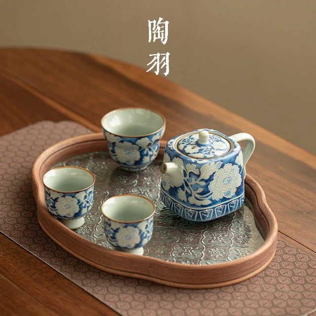 汝窑元青花四方壶家用陶瓷泡茶壶茶杯高档带茶盘功夫茶具套组茶盏