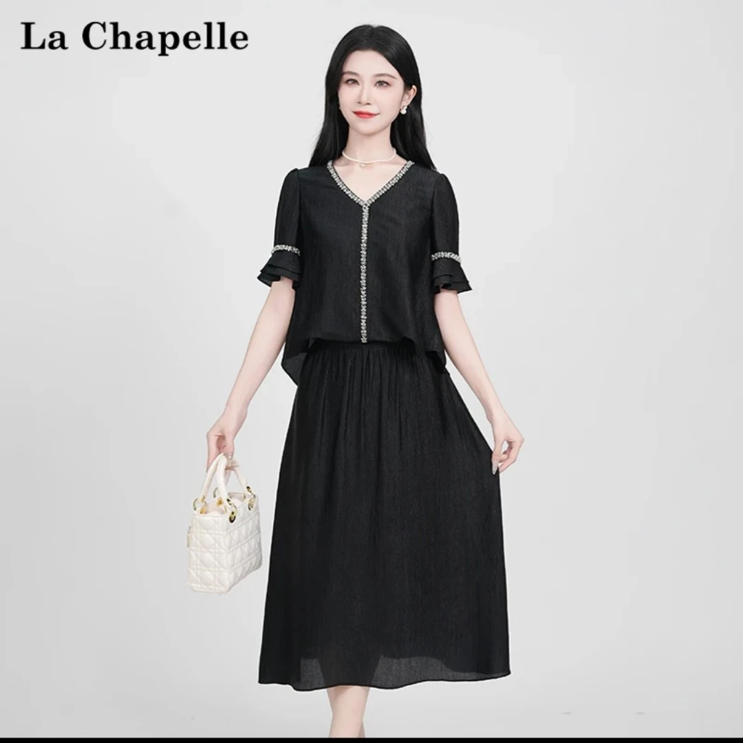 【拉夏贝尔】夏季法式设计感显瘦松紧腰真两件短袖连衣裙