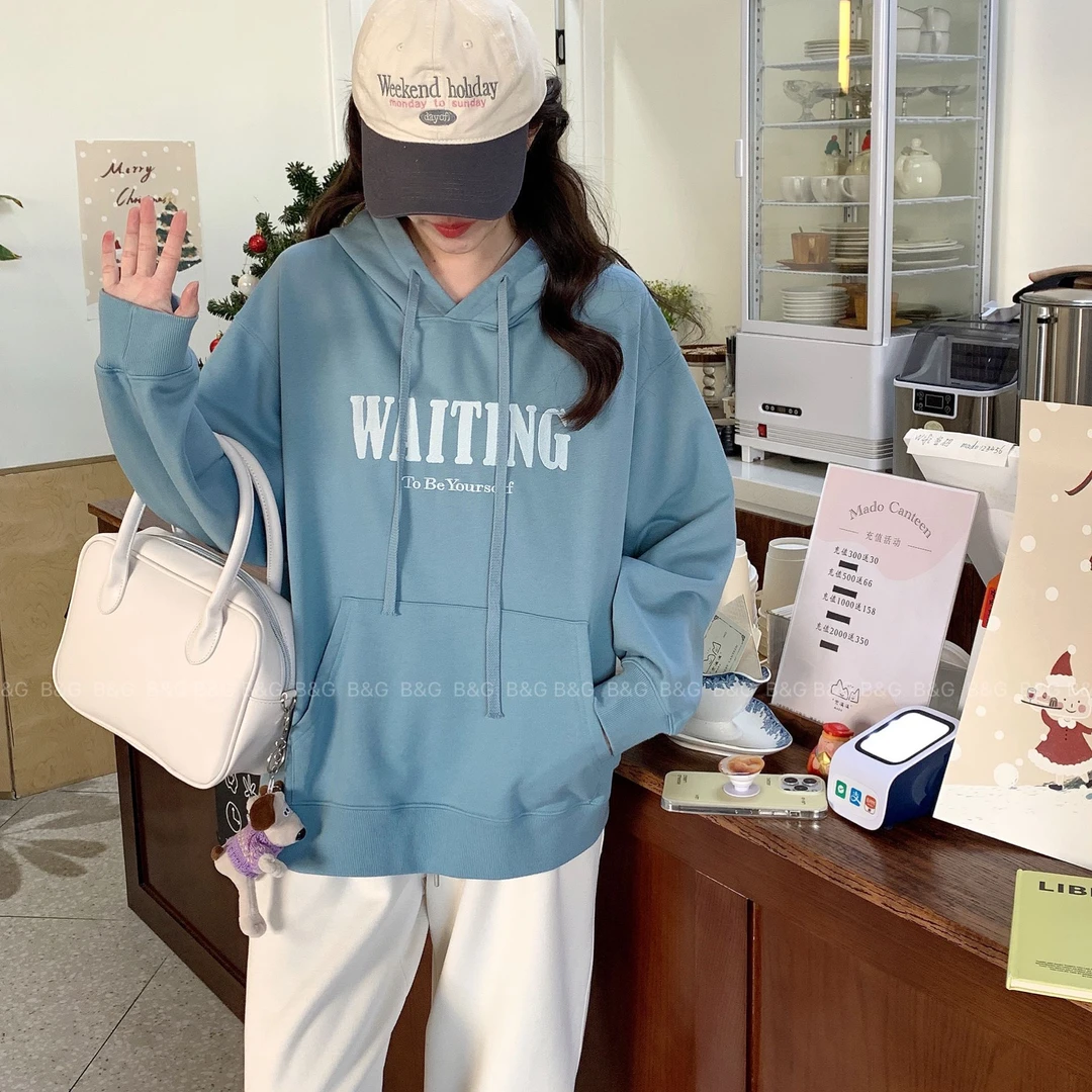 6901帽衫卫衣长袖休闲百搭连帽宽松韩版时尚刺绣ins慵懒风秋冬
