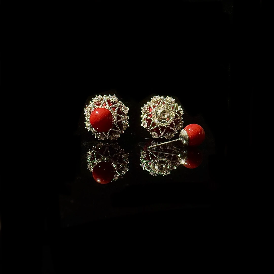 万翡恋 925银耳饰 镀K金 日韩红豆耳环气质喜庆古风复古WE22960C1