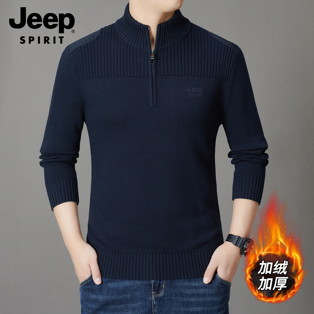 JEEPSPIRIT2025冬季新款加绒加厚男士上衣休闲商务针织高领毛衣男