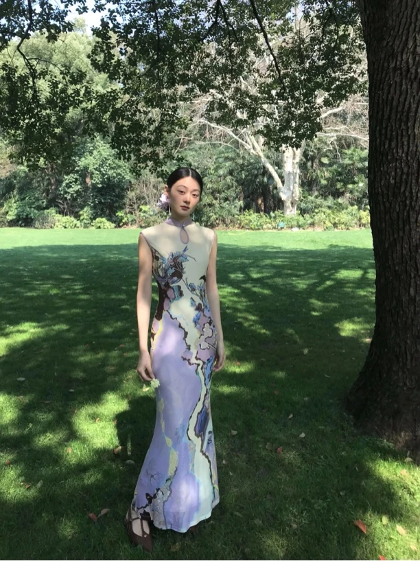 2025年 新中式印花旗袍连衣裙国风前后两穿网纱背心长裙