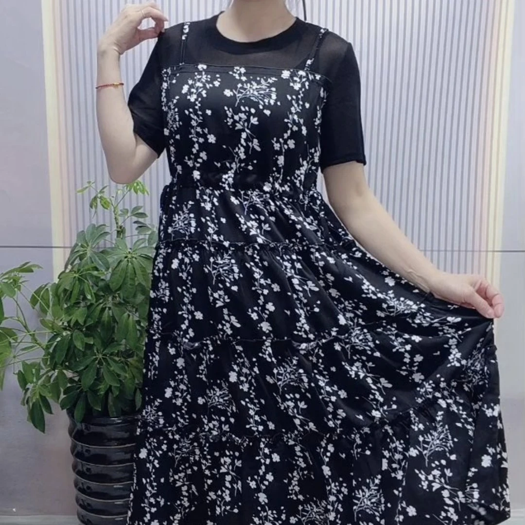 新版碎花拼接假两件中长款收腰显瘦垂坠感透气连衣裙