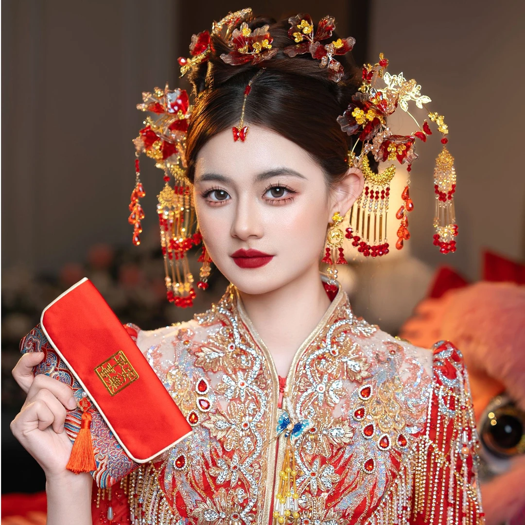 z8288红色造液花中式婚礼凤钗简约大气秀禾古风新娘结婚头饰