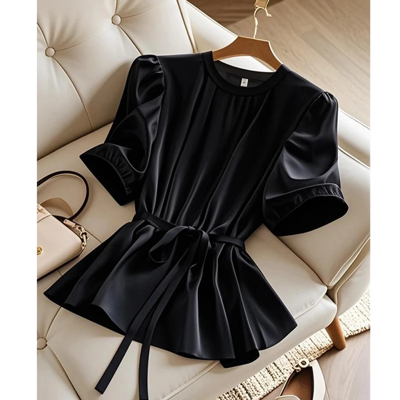 夏轻奢高级感时尚百搭漂亮小衫小清新上衣仙气飘飘黑色短袖衬衫女