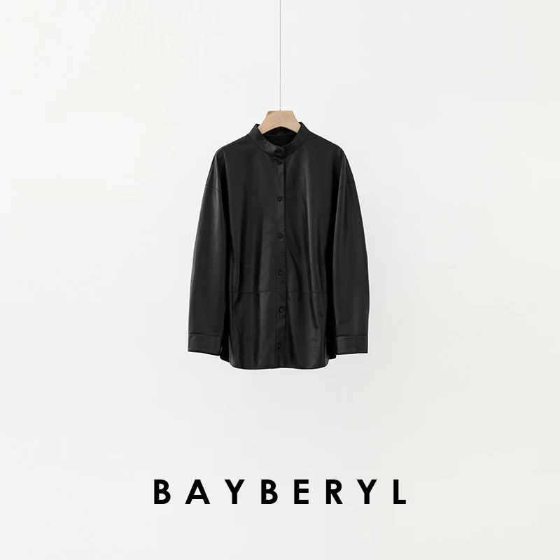 BAYBERYL老贝爱士*立领轻蜡薄款单排扣百搭黑秋皮衣PY5E1910-6/1