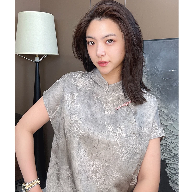 美美国风2025新款夏季斜襟暗纹提花复古拼色一字盘扣小衫009