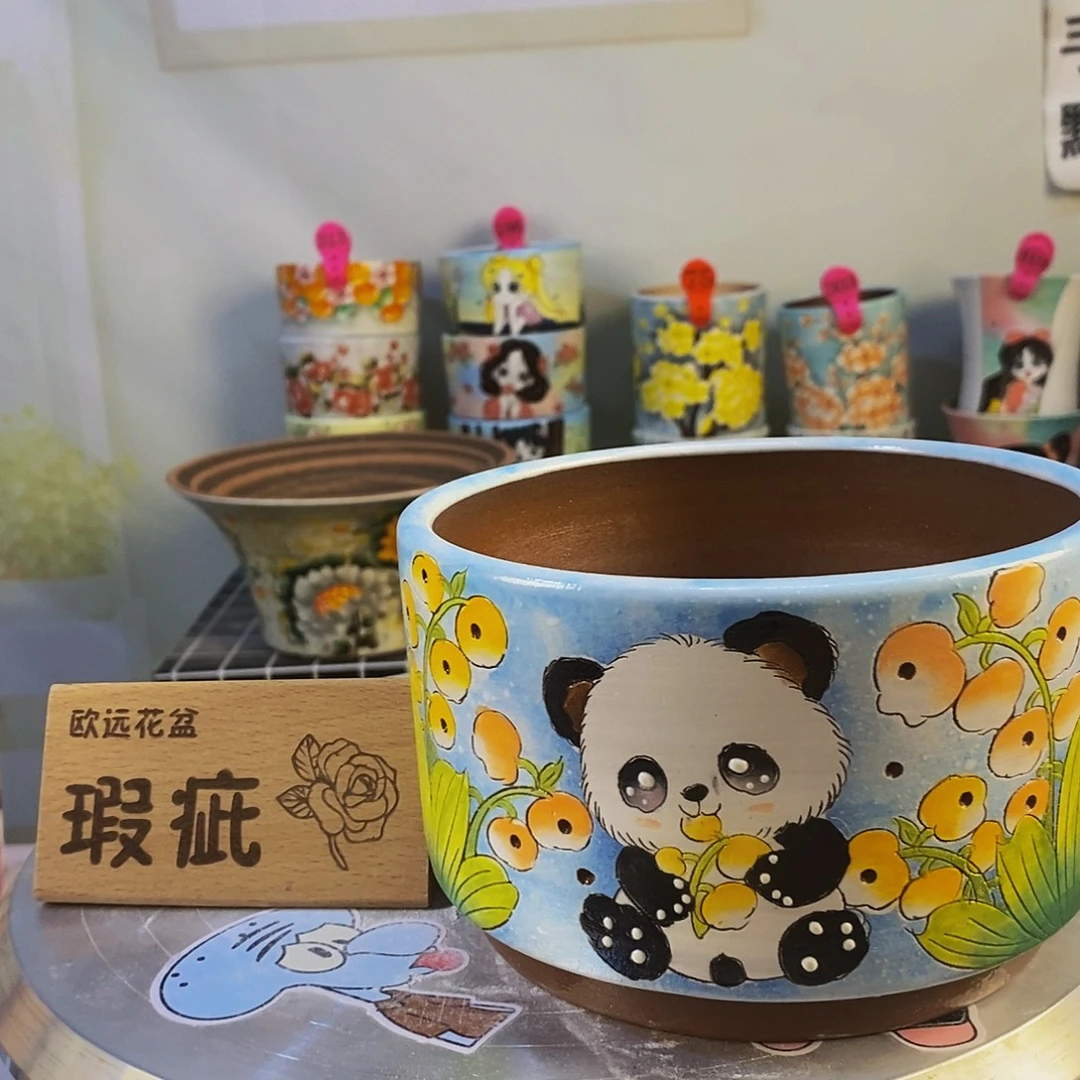 紫砂花盆红陶手绘花盆