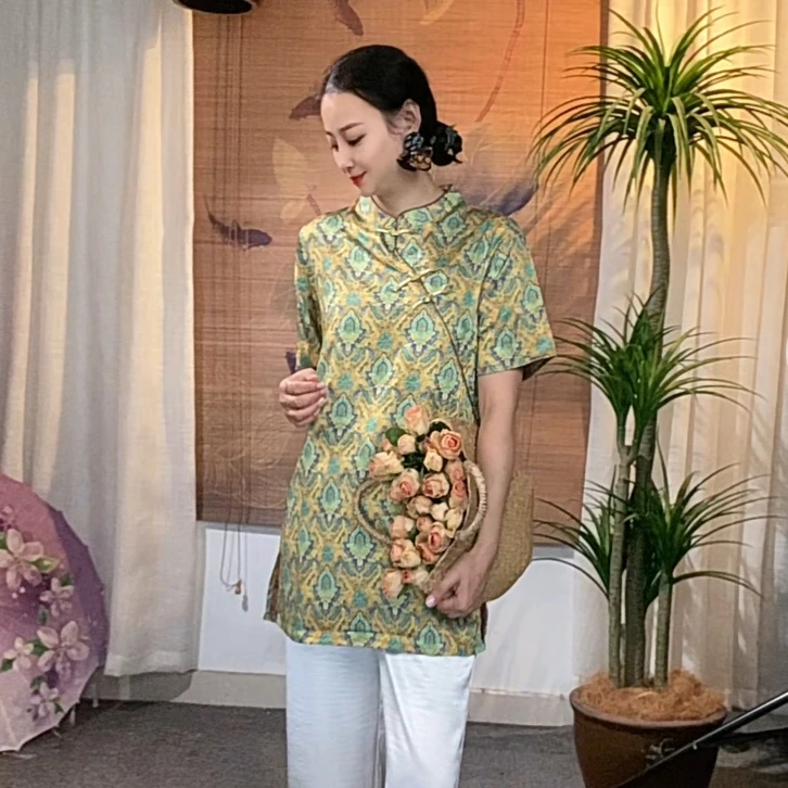 651-1新款正版高货遮肉显瘦新中式百搭气质国风短袖中袍