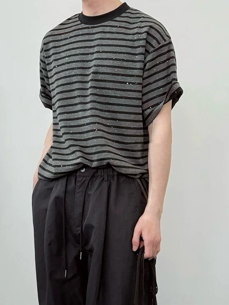 ARUI夏季新品短袖“星空烫钻100%棉”简约细条纹凉感圆领T恤