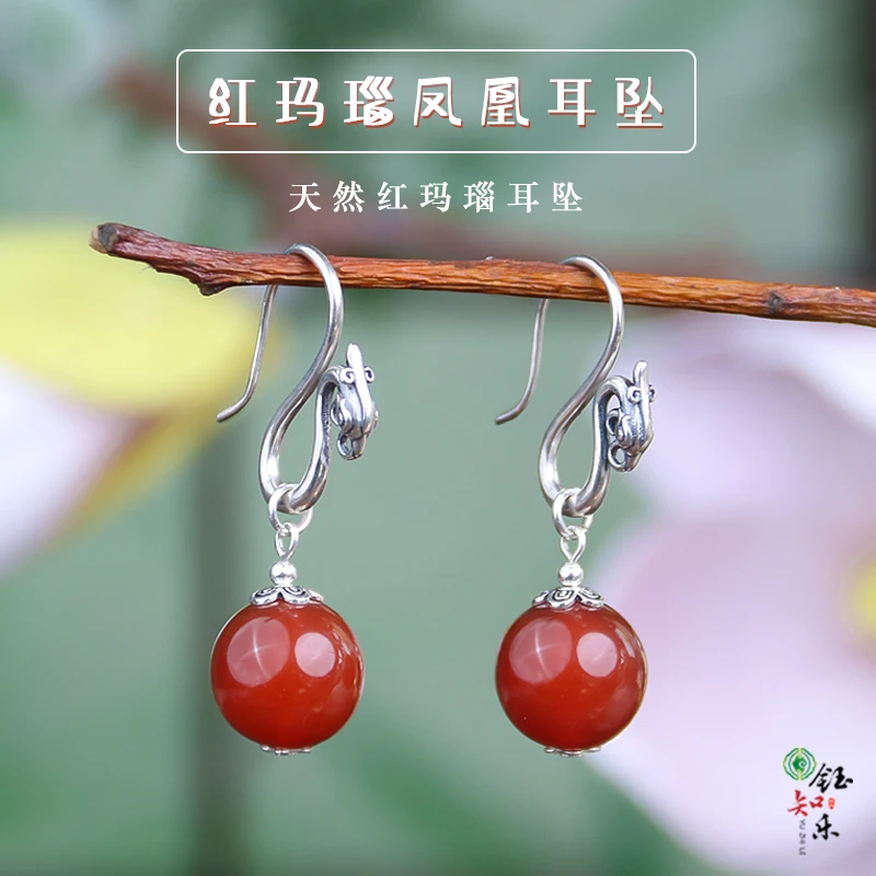 S925银凤凰耳钩柿子红玛瑙卡12毫米耳坠银耳坠防过敏811478