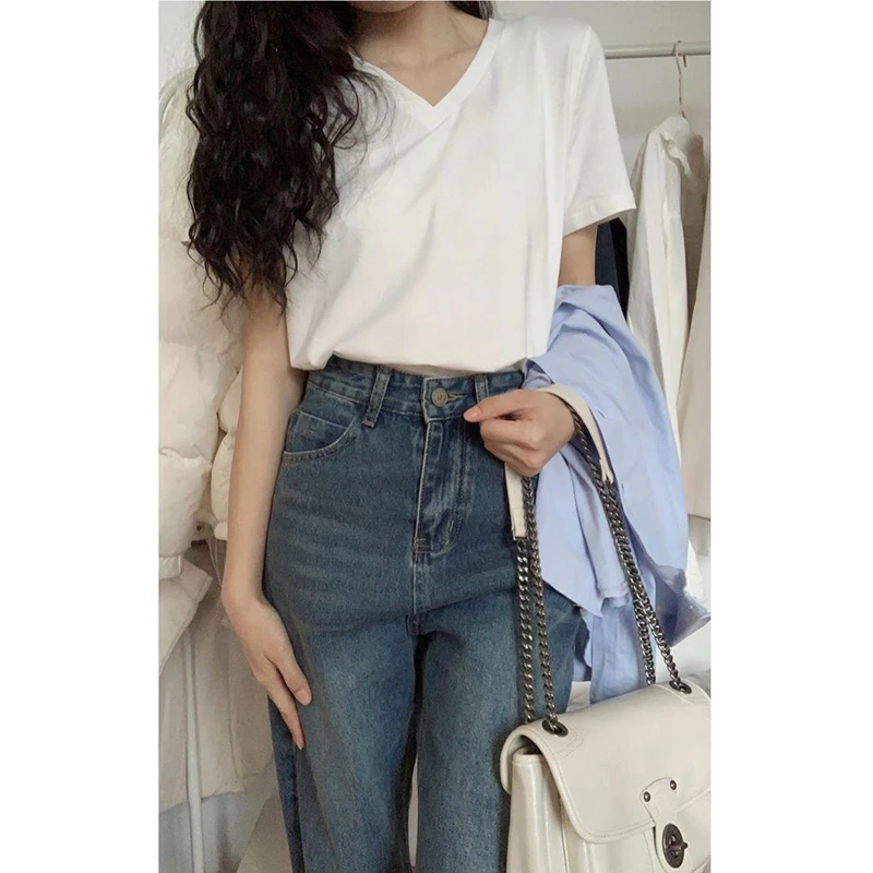 白色t恤棉质短袖女夏季新款美式大码女装宽松正肩v领港味chic上衣
