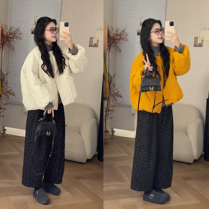 时尚穿搭女2025冬季新款时尚百搭保暖打底衫棉服外套阔腿裤三件套