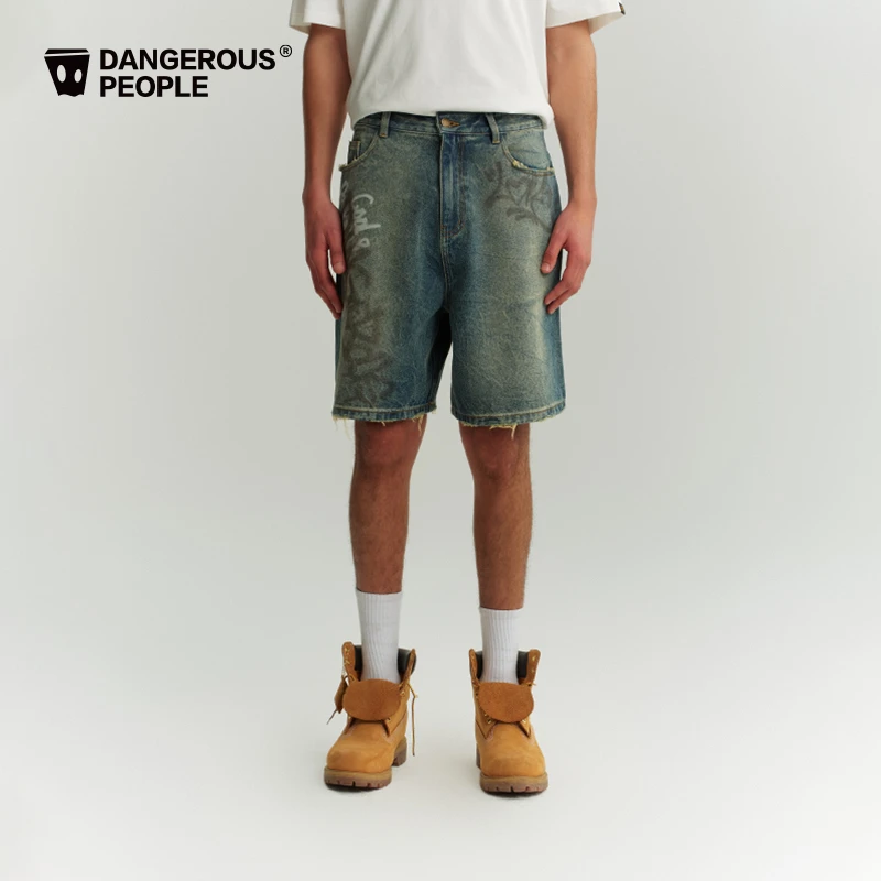 Dangerouspeople薛之谦dsp涂鸦字母牛仔短裤潮牌做旧复古五分裤