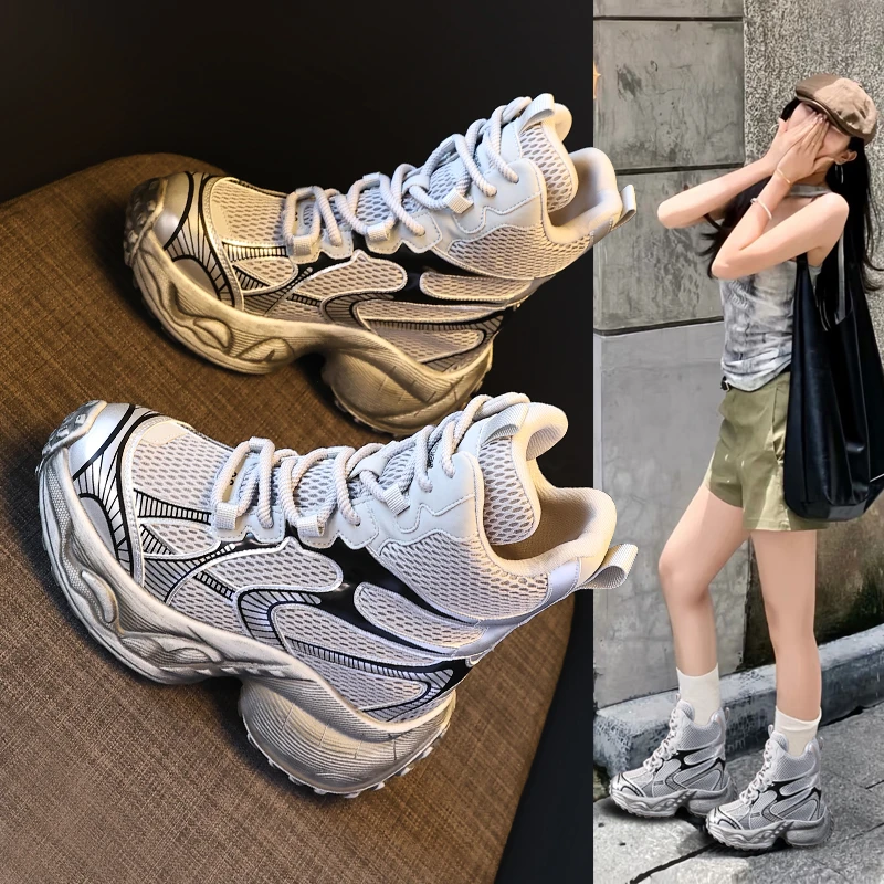 小个子厚底高帮老爹鞋女内增高9cm松糕新款透气休闲运动鞋高帮潮