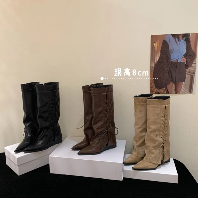 秋冬时装靴长筒单靴褶皱靴百搭粗跟瘦瘦靴秋季复古时尚