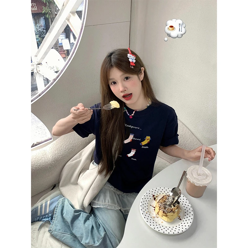 温柔风甜美白色创意印花短袖T恤女宽松慵懒设计感洋气百搭上衣ins