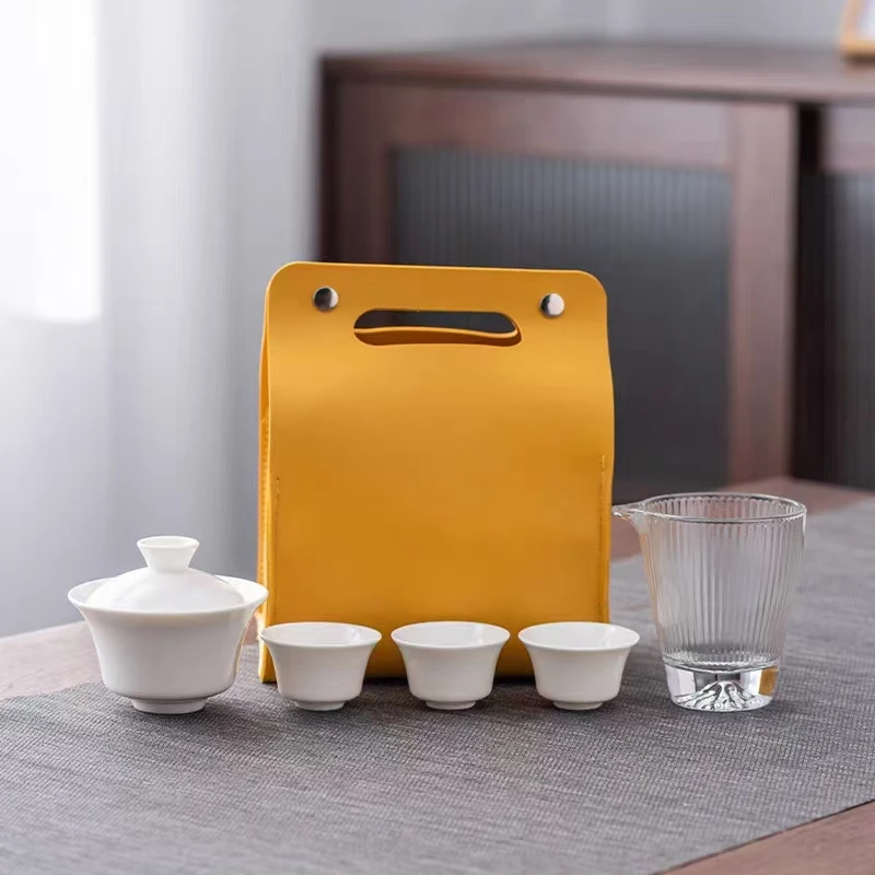 羊脂玉瓷旅行茶具便携式快客杯户外高档一壶三杯带公道套装49004