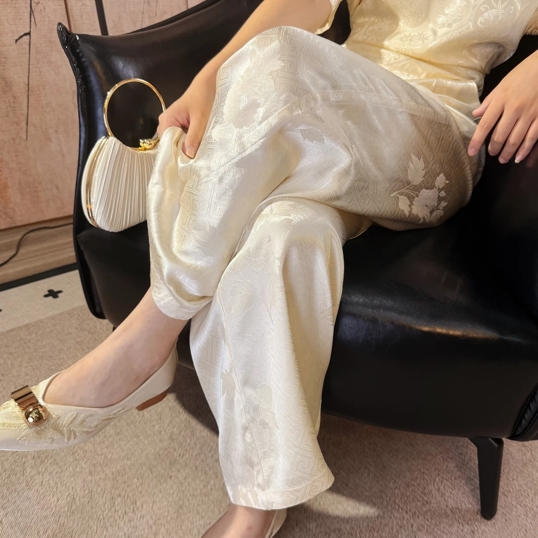 老钱风松弛感女装贵气重磅重缎显瘦高腰古香缎气质时尚阔腿裤