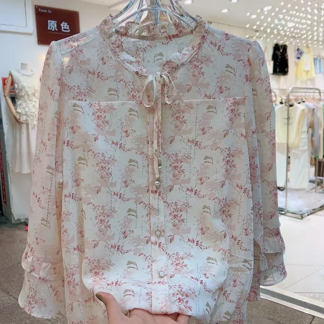 813夏季新款女士喇叭袖碎花雪纺衬衫遮肚子薄款打底上衣
