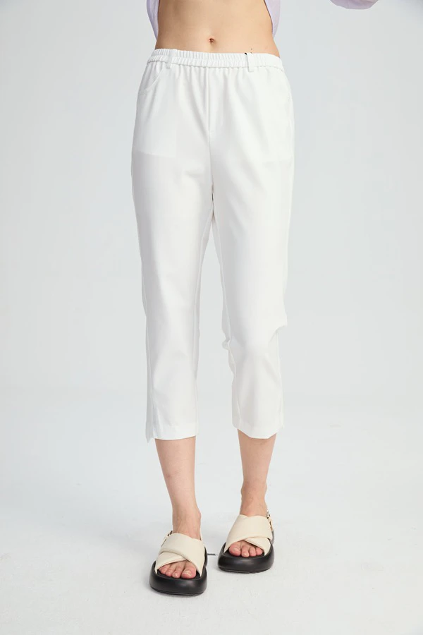 水淼新款0484简约百搭松紧腰纯色七分直筒裤