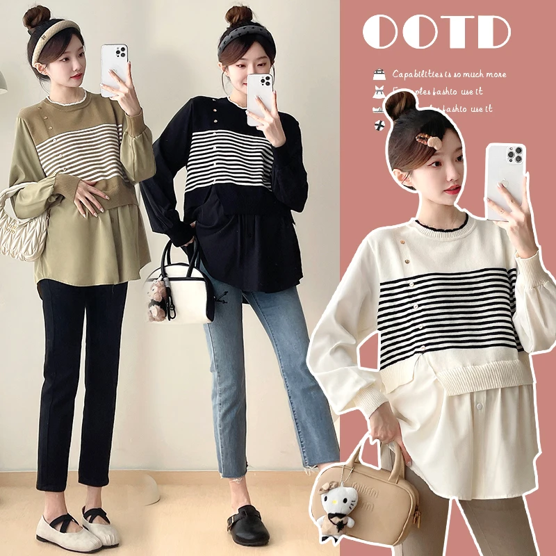 孕妇秋季打底衫宽松时尚针织衫春秋休闲时尚款孕妇上衣长袖外穿春