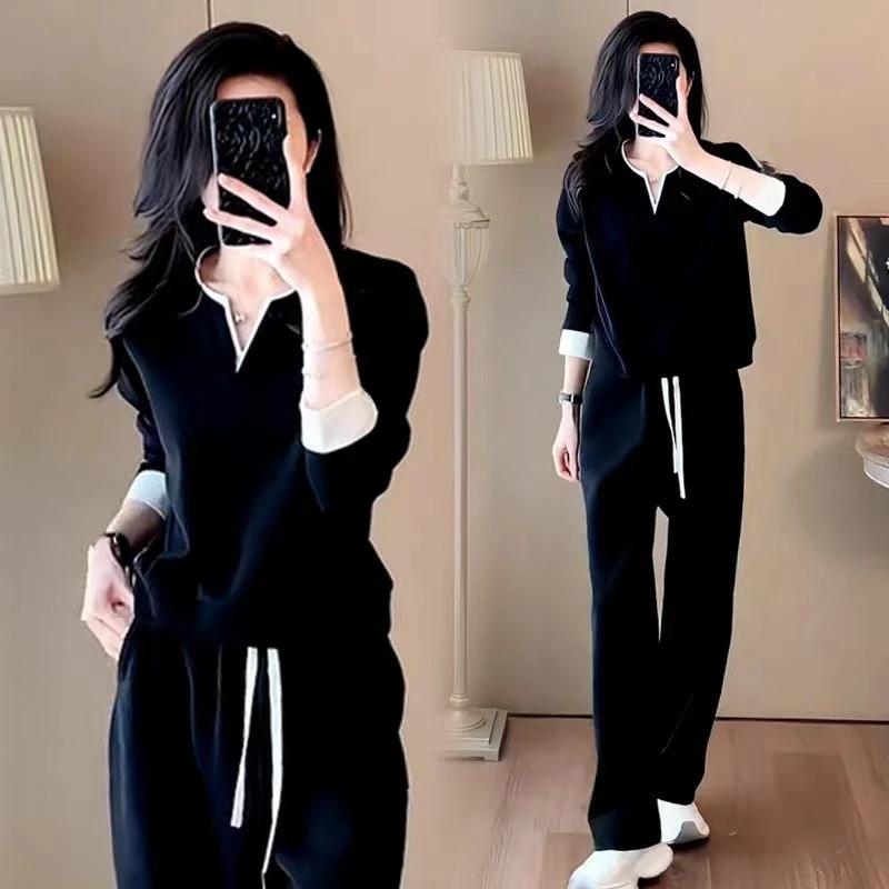 纯棉休闲风运动套装女2025春秋季新款韩版V领宽松卫衣时尚两件套
