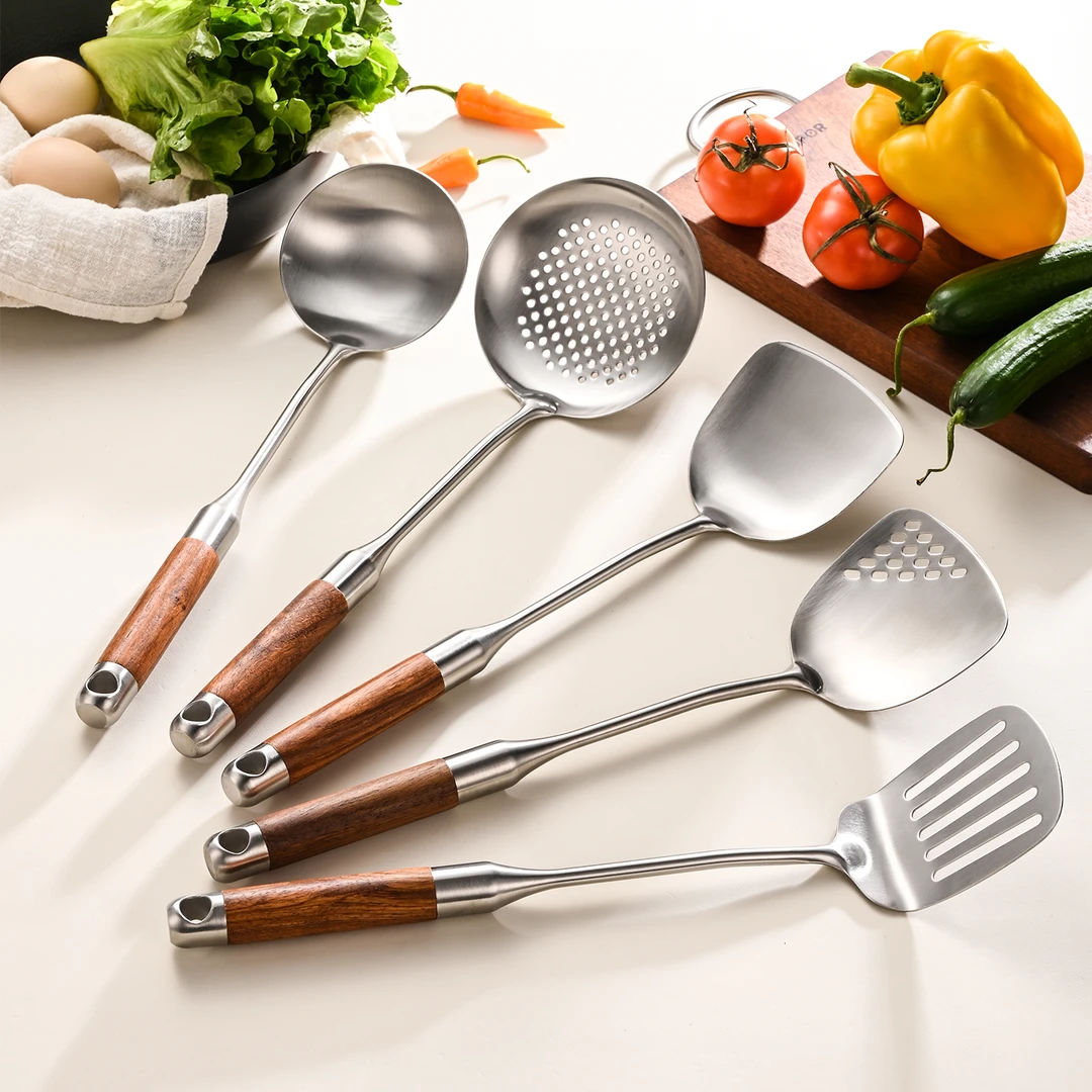 316不锈钢锅铲汤勺厨具套装花梨木手柄大漏勺铲子家用炒勺蘑菇铲