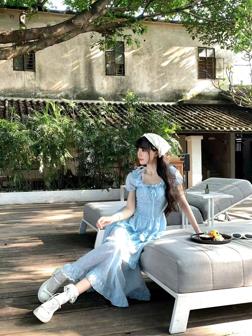 【QIANJIN】‘海盐冰沙’夏季奶蓝海边度假纯色显瘦收腰连衣裙QL86179