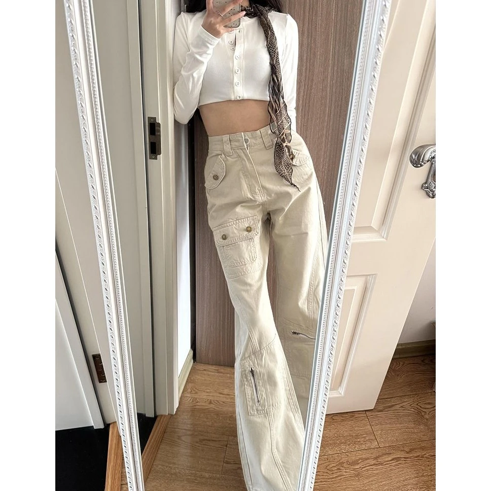 175高个子加长美式工装牛仔裤女2025春夏设计感直筒微喇叭阔腿裤