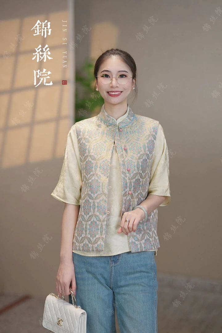 锦丝院【步步生莲】织金宋锦双面穿重工复古百搭马甲6611309