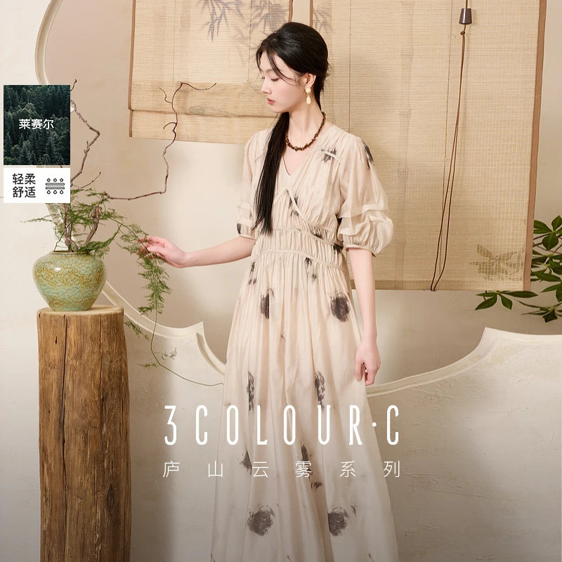 1216三彩【春水煎茶】2025夏季新款新中式连衣裙V领高腰A字dbx