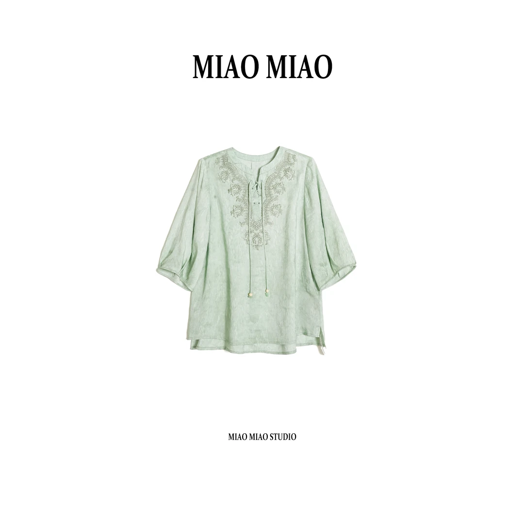 【黛青】淼淼家NE595夏季透气休闲丝麻提花国风新中式时尚上衣