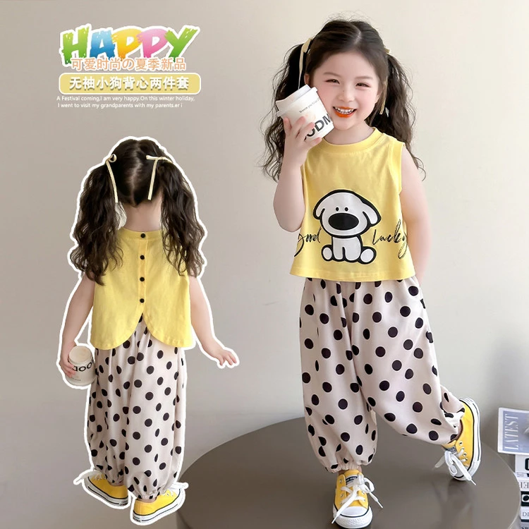 女童夏季新款套装卡通可爱小狗印花背心圆点裤两件套