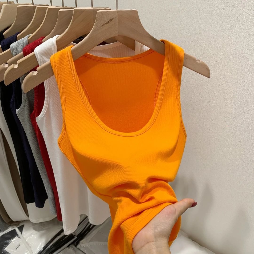现货美式小众宽肩带橘色无袖吊带背心女2025夏季新款修身显瘦单穿