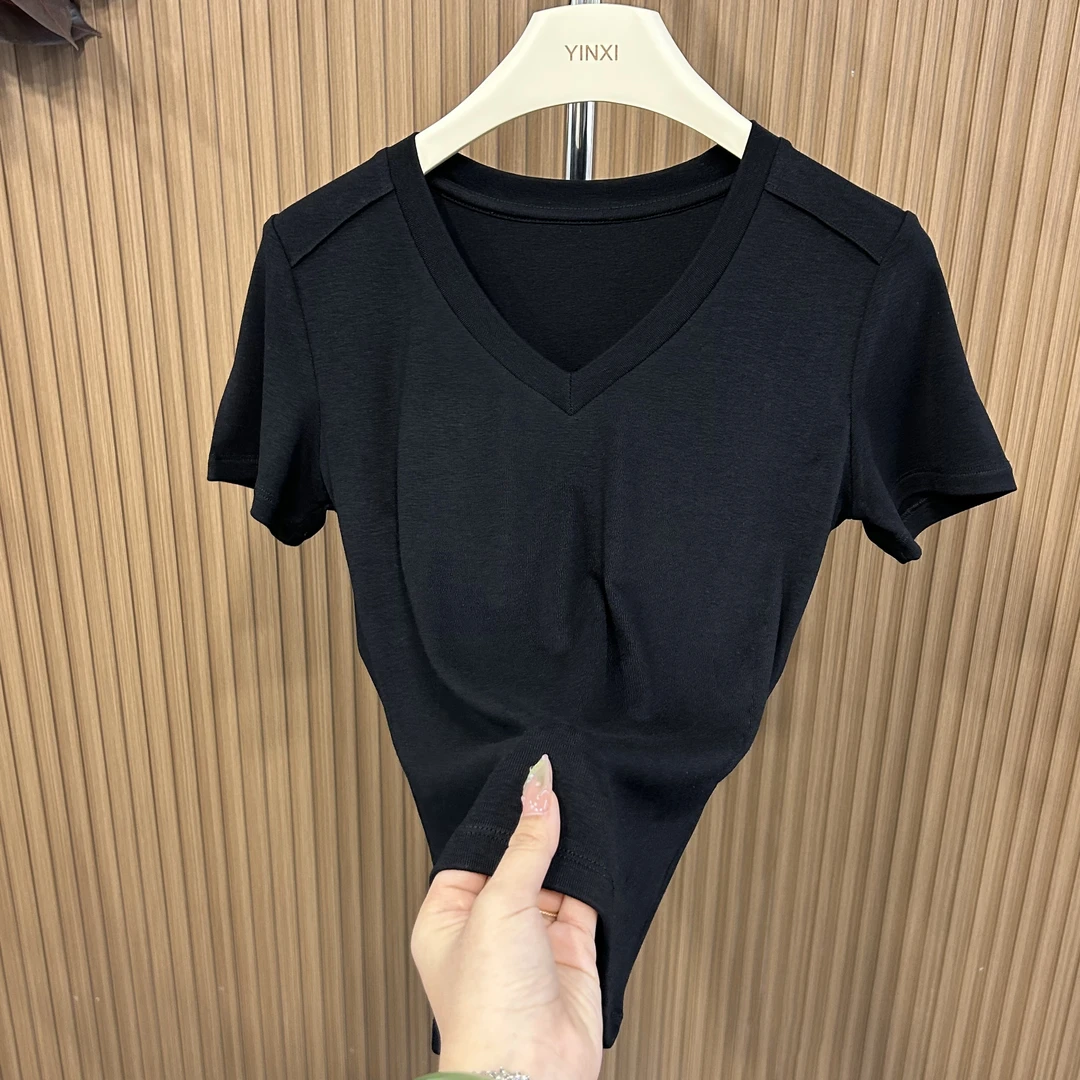 螺纹V领前拼接短袖显瘦时尚夏季百搭修身纯色气质洋气针织设计感