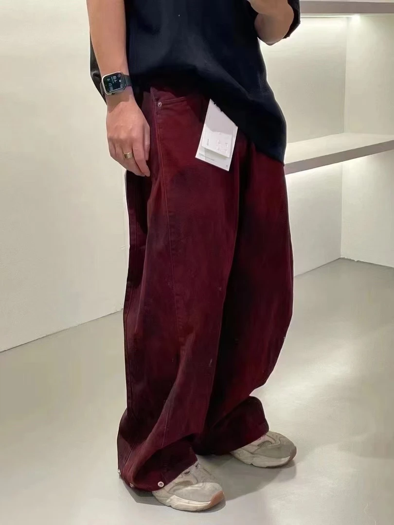 设计师款 美式复古酒红色扎染牛仔裤  60536